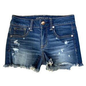 America Eagle Medium Wash Denim Shorts Raw Edge 3" Inseam Size 0